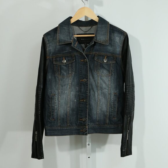 BCBG Max Azria Denim Jacket with Faux Leather Moto Sleeves Women’s large - Picture 1 of 8